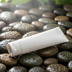 Blank skincare cream tube laying on wet river pebbles in a serene spa setting, perfect for a cosmetic product mockup presentation