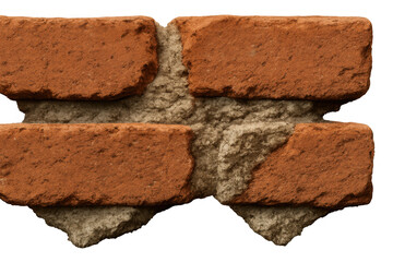 Red brick wall piece with rough mortar texture. Construction material isolated on transparent background