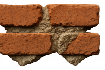 Red brick wall piece with rough mortar texture. Construction material isolated on transparent background