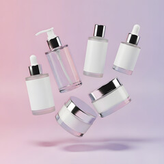 Collection of empty cosmetic bottles and jars with blank labels, floating in a soft gradient light