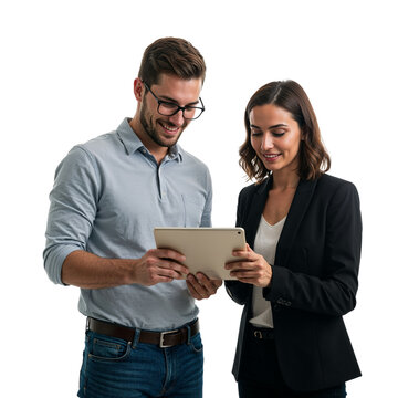 Two business professionals collaborating and looking at a tablet computer together isolated on transparent background