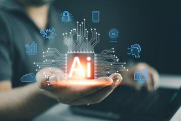 Businessman hand use computer and hold analytics information trends technology. Artificial Intelligence. Business link digital marketing. Big data and Financial banking. Futuristic digital