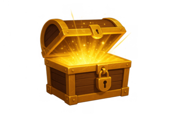 Treasure chest opening with glowing gold light, symbolizing wealth, mystery, rewards, and exciting fantasy adventure