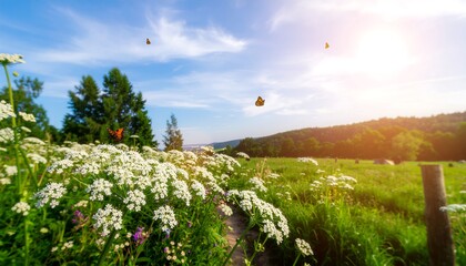Beautiful meadow with wildflowers and butterflies in the summer sunlight