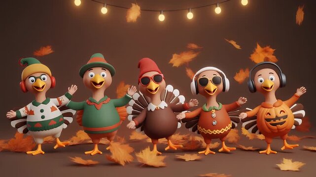 Funny cartoon turkeys in festive outfits dancing together, autumn leaves falling, Thanksgiving celebration concept, ideal for holiday animation and children&rsquo;s content