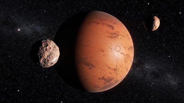 Mars Planet with Moons Phobos and Deimos Orbiting in Starry Deep Space