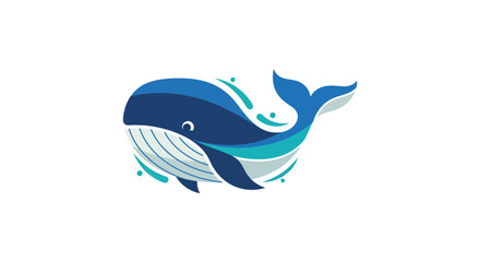 A stylized blue whale swimming with water splashes, depicted in a flat design illustration on a white background.