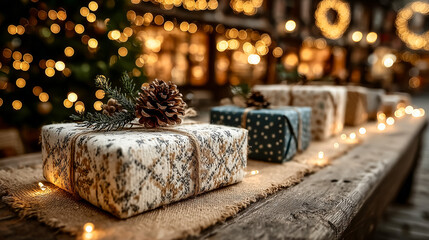 Beautifully wrapped christmas gifts with pinecones and fairy lights