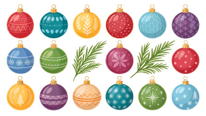 Christmas balls colorful clipart set. Colorful xmas balls clip art with plain, shiny, glossy and round shape bauble object collection for December decorative elements vector illustration.