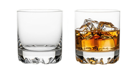 Set of two whiskey glasses, empty and with amber bourbon on a transparent background