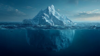 Majestic Iceberg Floating in Deep Blue Ocean with Submerged Section Under Water Surface, Dramatic Lighting, Partially Cloudy Sky and Faint Celestial Body in Background