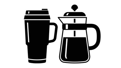 Coffee Brewing Icon Vector – French Press and Takeaway Cup Silhouette Design