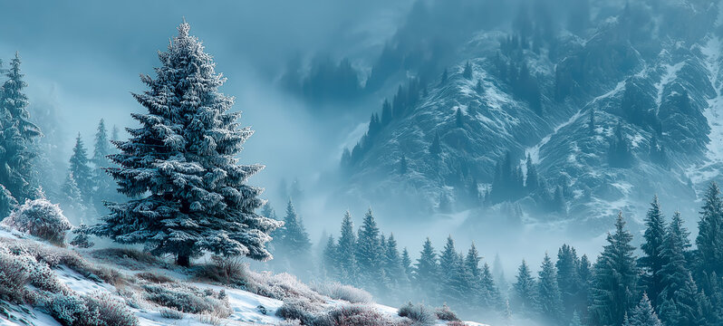 Snow-covered evergreen trees in a misty winter landscape - Powered by Adobe