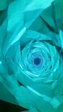 Seamless looping abstract geometric tunnel constructed of glowing chromatic gradient polygons accelerating towards the viewer in dynamic digital space infinite, grid, structure