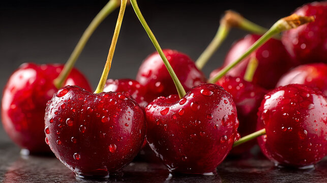 Close up of fresh red cherries with water droplets on a dark surface and background bokeh effect