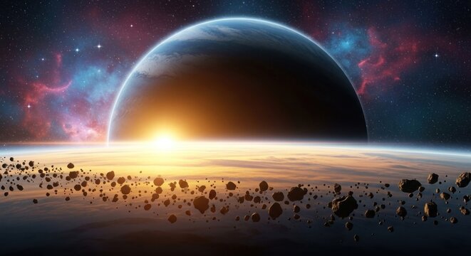A planet with a large moon and a ring of asteroids in front of it, with a star in the background.