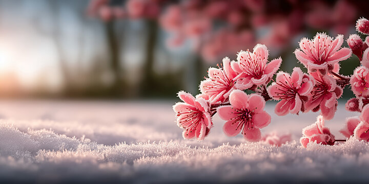 Frosted pink flowers blooming in a snowy landscape at sunrise - Powered by Adobe