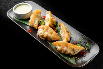 Golden pan-fried Asian dumplings (gyoza, jiaozi, potstickers) served on a black plate with a white dipping sauce, garnished with chili and green onions, against a dark background.