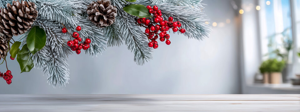 Beautiful winter decor featuring pinecones and red berries on wood table