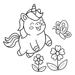 cute unicorn with butterfly surrounded by flower coloring page