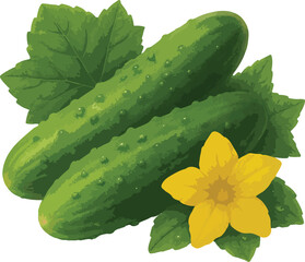 Two Green Cucumbers with Yellow Flower and Leaves vegetable