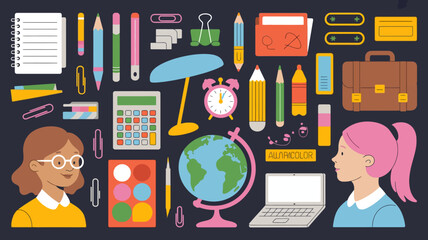 A vibrant collection of school supplies and educational elements including a globe calculator laptop alarm clock pencils crayons and diverse student illustrations against a dark background