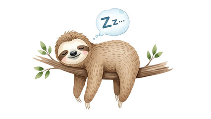 A cute watercolor illustration of a happy sloth sleeping peacefully on a tree branch with a Zzz thought bubble.