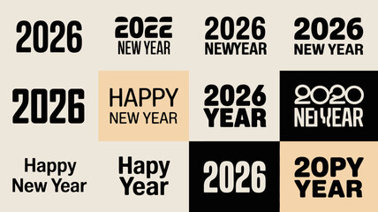 Collection of new year 2026 greetings and typography designs featuring the year 2026 and happy new year text in various styles and backgrounds for festive celebrations