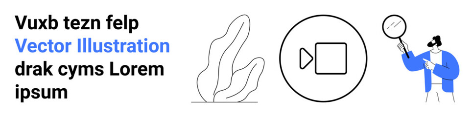 Media creation, content analysis, video production, digital illustration, exploration, search concept. Abstract shapes, video icon character holding magnifying glass. Media creation and content