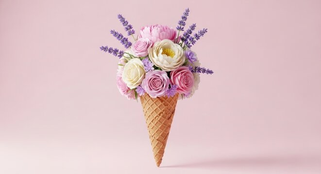 A beautiful flower arrangement in a waffle cone on a pink background.
