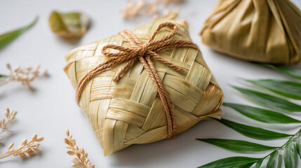 Close up of traditional asian rice dumplings wrapped in woven leaves with string on white surface