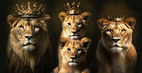Lion family, royalty of the jungle. Majestic lion and lioness with their cubs. Represents power, loyalty, and spirituality. King of Kings. Royal crown. AI-generated image.