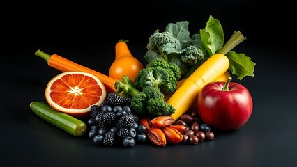 Vibrant circle of six colorful superfoods glowing with natural energy on dark background.