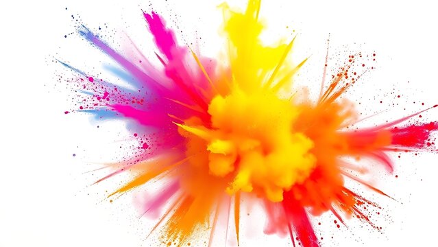 Vibrant explosion of colored powder mid-air, capturing the festive spirit of Holi against a white background.