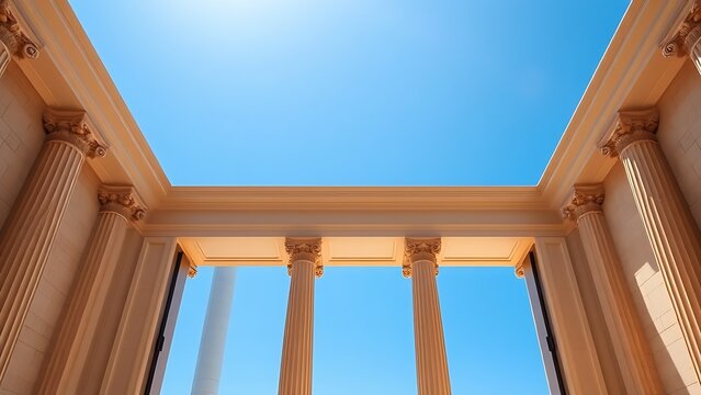 Classical architectural doorway with elegant columns under a clear blue sky, embodying timeless sophistication.