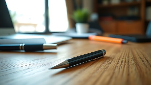 A single pen lying on a wooden desk with blurred background, professional workspace vibe.