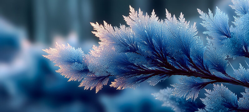 Frost-coated branch with intricate blue patterns and droplets