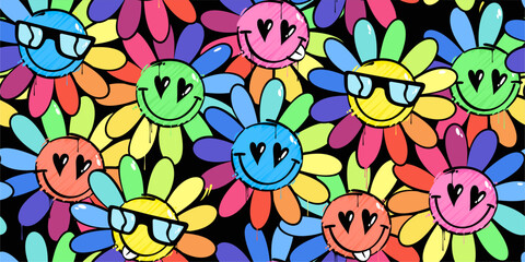 Colorful Simple Funny Abstract Graffiti Style Happy Smiling Flowers Seamless Background