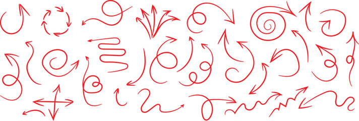 Hand drawn doodle design elements with swirls and arrows in pink.