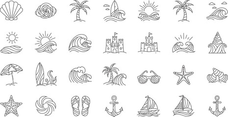 Obraz premium Summer vacation elements linear art collection featuring beach scenes sun sea shells and tropical motifs for design projects