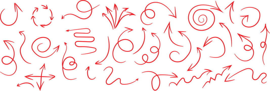 Hand drawn doodle design elements with swirls and arrows in pink.