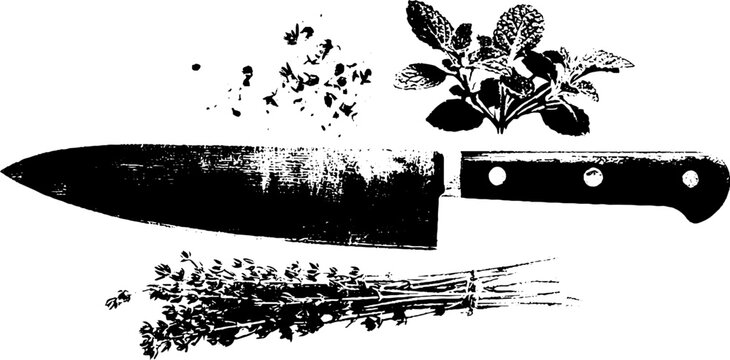 Black and white stencil art of chef's knife with herbs and pepper flakes