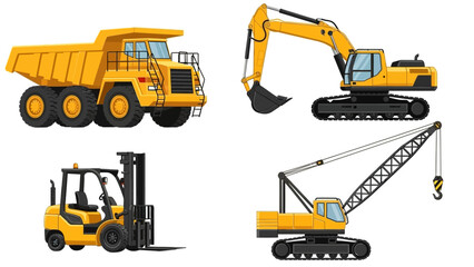 A set of heavy industrial machinery icons including a dump truck, excavator, forklift, and crawler crane vector illustration