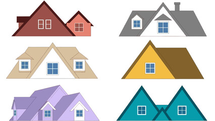 A diverse collection of colorful house roof gables with attic and dormer windows. Vector illustration set of architectural building tops