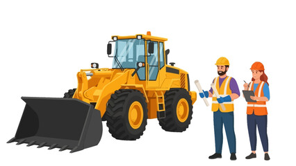 Professional construction team with a male and female engineer discussing blueprints next to a heavy yellow wheel loader on a worksite