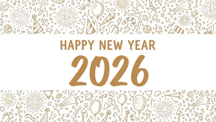 Festive celebration banner for the New Year 2026 featuring a hand-drawn doodle pattern in gold on a white background