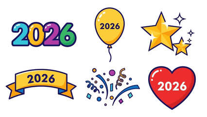 A collection of six vibrant icons for the 2026 New Year, featuring celebration symbols like a balloon, star, banner, and confetti
