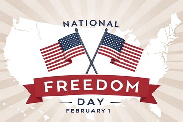 National Freedom Day Celebration With Crossed American Flags and Red Ribbon Banner

