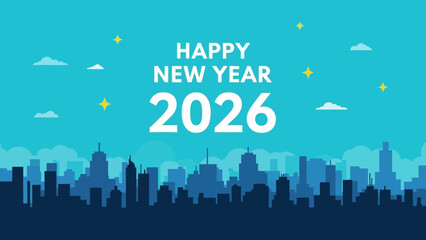Modern flat vector design of a city silhouette under a starry sky celebrating the Happy New Year 2026 holiday