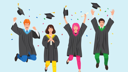 Joyful diverse group of graduates from the class of 2026 celebrating their success by jumping with diplomas and throwing caps
